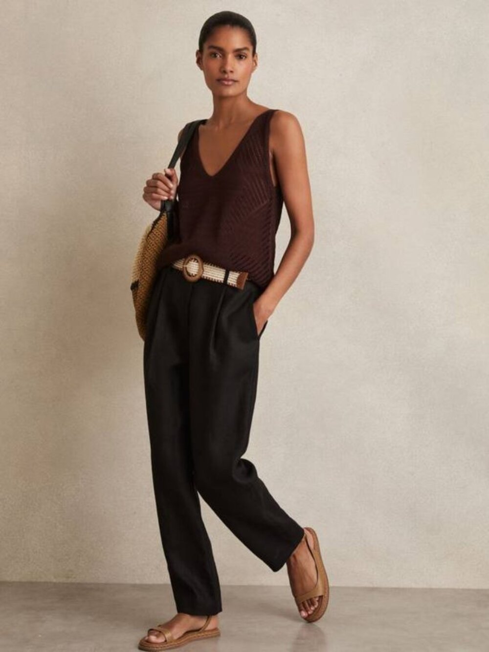 NEW REISS Womens Beau Belted Linen Tapered Trousers Pant